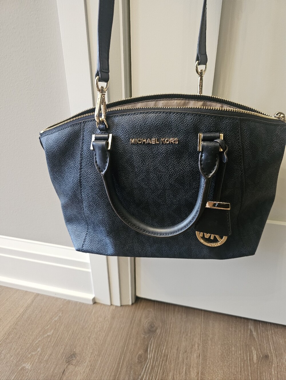 Michael Kors Black Leather Satchel with Gold Hardware